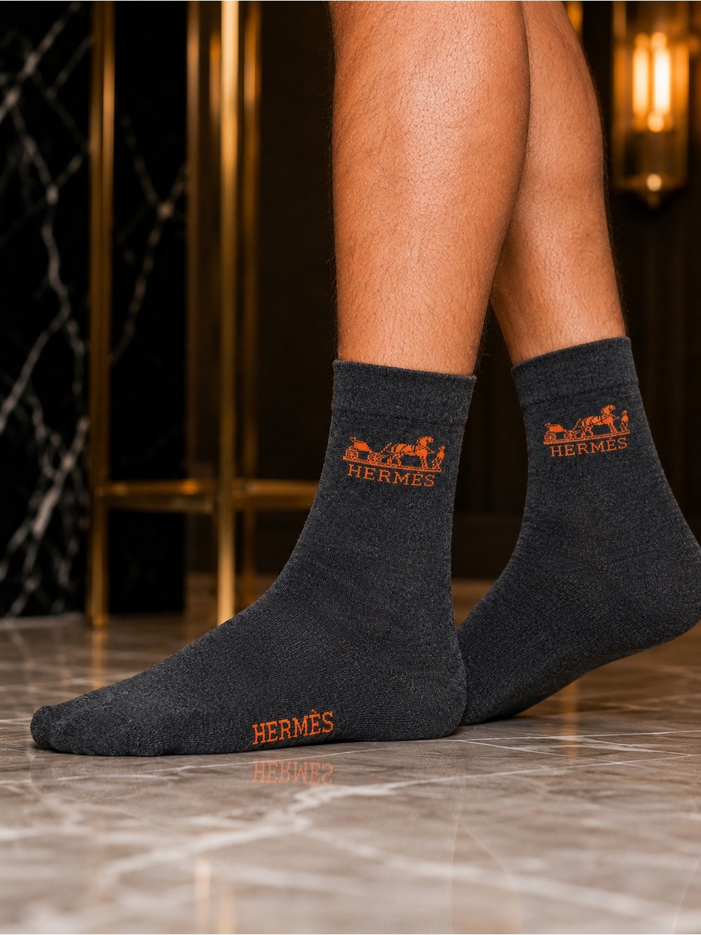 Hermes Dark Gray Crew Socks with Orange Logo Detailing